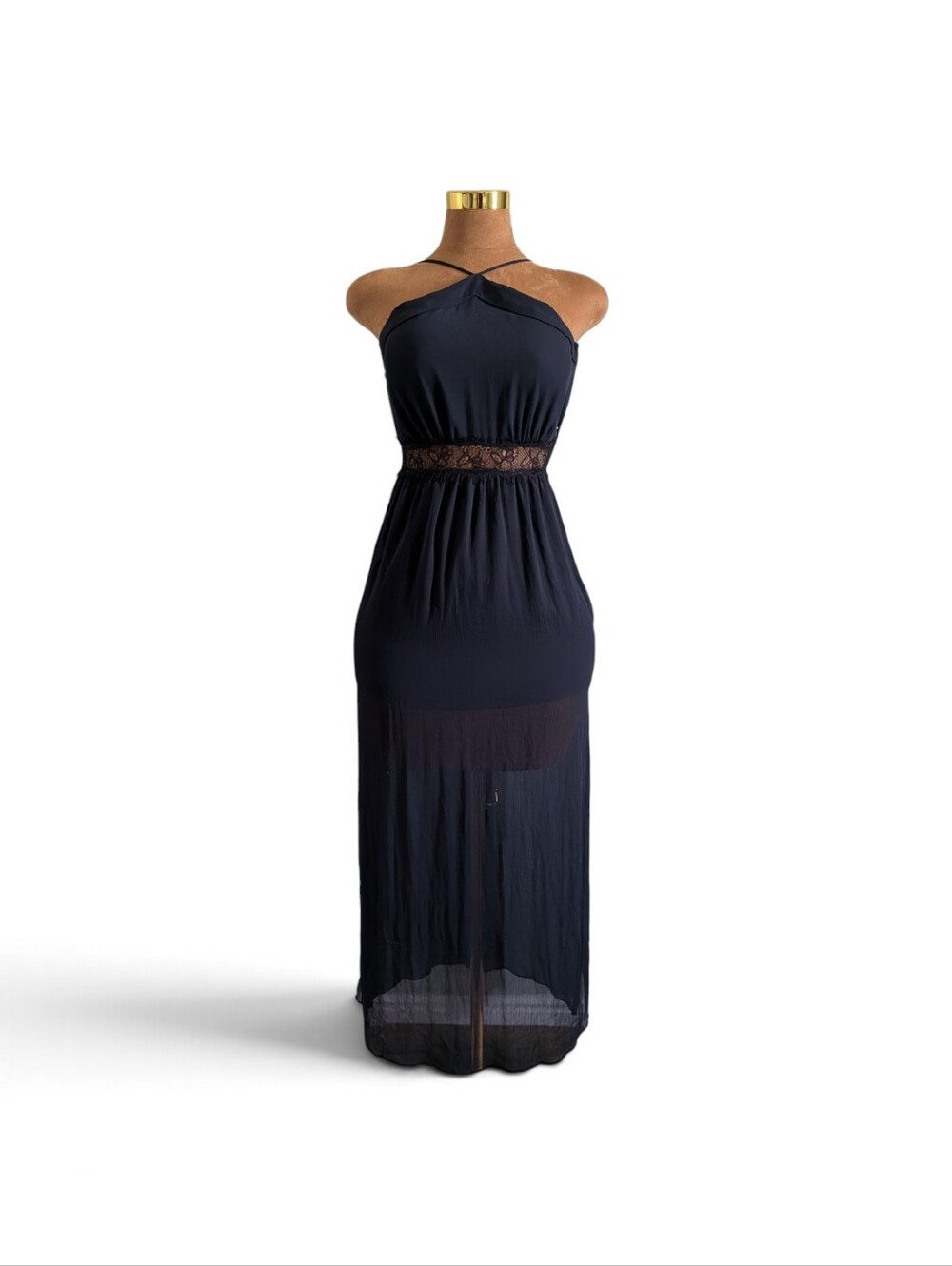 BCBG Navy Lace Trim Halter Slit Summer Maxi Dress